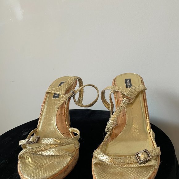 Gold Cork Wedge Sandals - Picture 2 of 3